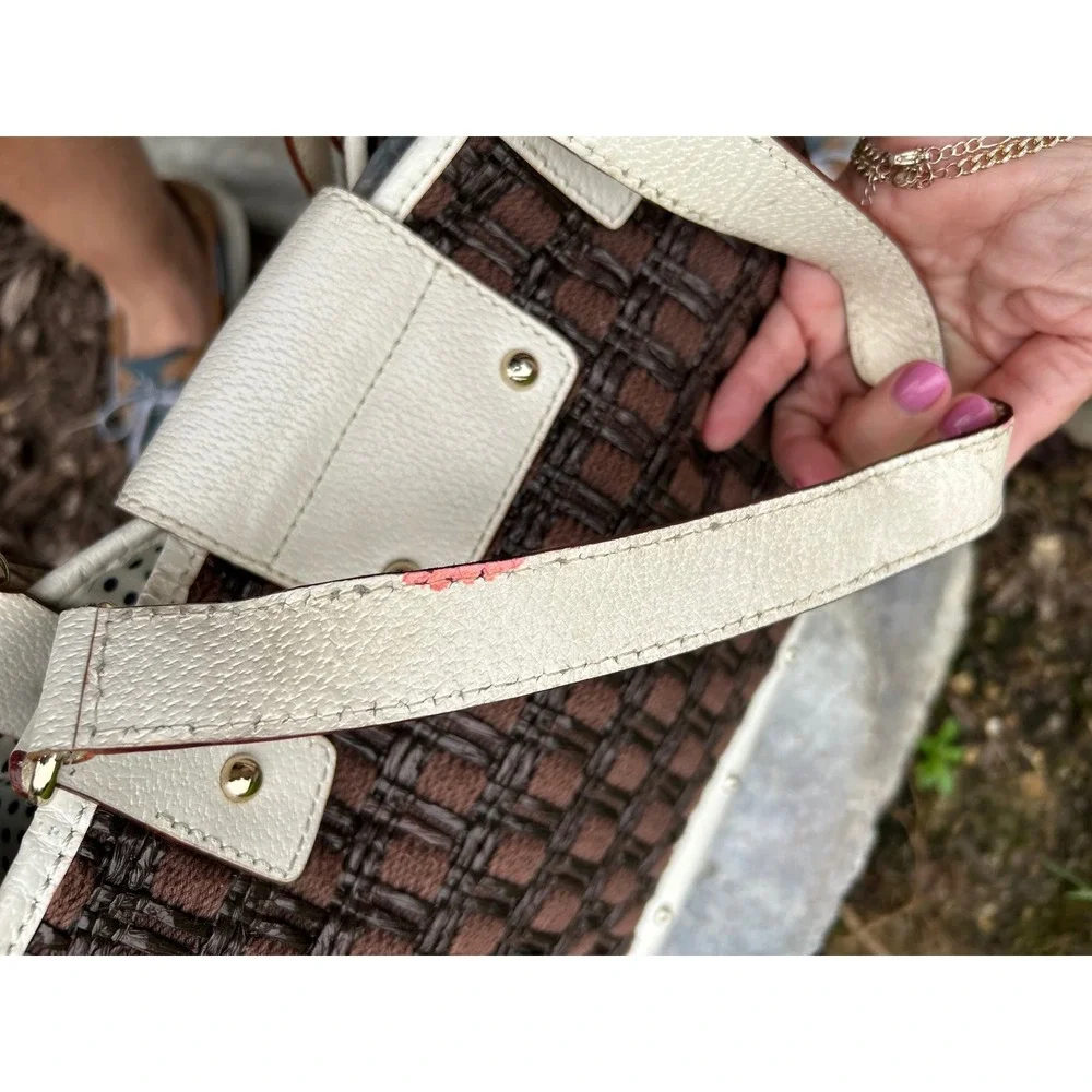 Vintage Kate Spade Woven Tote Cream Brown Classic Leather Designer Shoulder Bag